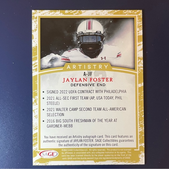 Rookie Autograph Jaylan Foster 2022 Sage Football Artistry Arizona Cardinals - Picture 2 of 2